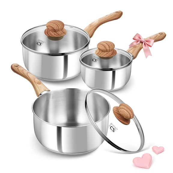 Koch Systeme CS 6 Piece Stainless Steel Sauce Pan Set, 1Quart & 2Quart & 3Quart, Stainless Steel Pot Set with Bakelite Handle, Saucepan Set with Lid, Induction Sauce Pots
