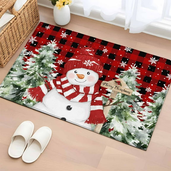 Christmas Bathroom Rug Washable 2x3 Entryway Rug Non Slip Winter Snowman Snow Pine Tree Red Black Plaid Front Door Mat Low Pile Indoor Doormat Throw Floor Carpet for Kitchen Bedroom Entrance