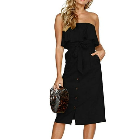 - Women Summer Backless Ruffle Button Down Strapless Midi Dress with Pocket