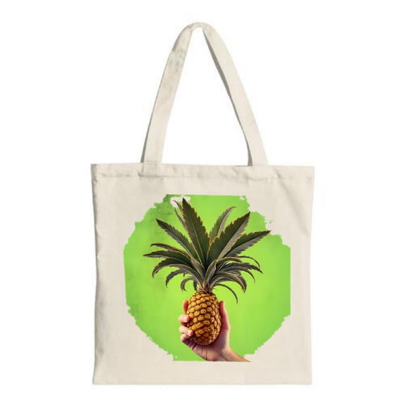 Stylish Canvas Tote Bag featuring a vibrant hand holding a pineapple on a green background perfect for shopping travel and parties