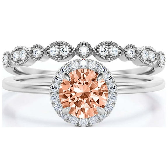 Fairy Minimalist 1.75 Carat Round Cut Morganite And Diamond Moissanite Engagement Ring, Classic Halo Wedding Ring in 925 Sterling Silver With 18k White Gold Plating Gift For Her, One Matching Band