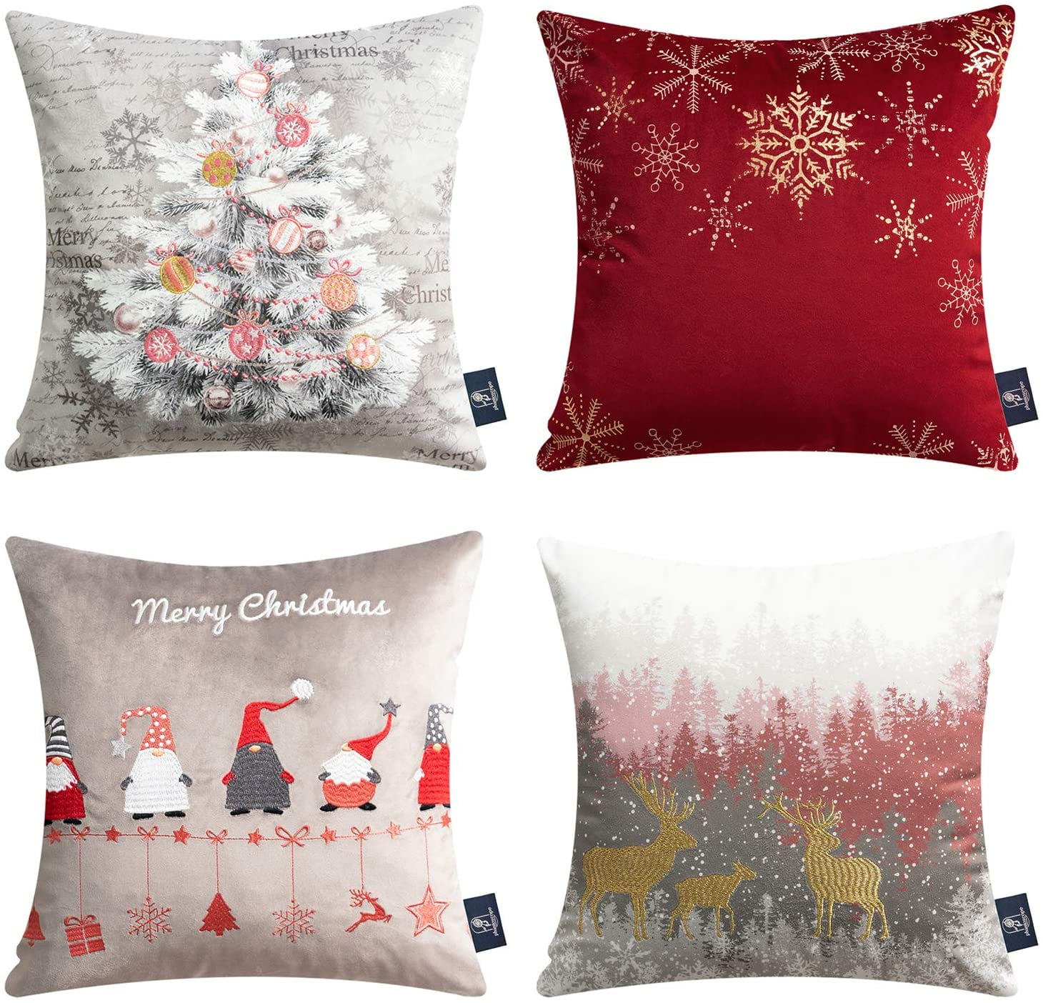 Phantoscope Merry Christmas Velvet Embroidered Decorative Throw Pillow, Red and Gray, 18" x 18",Set of 4