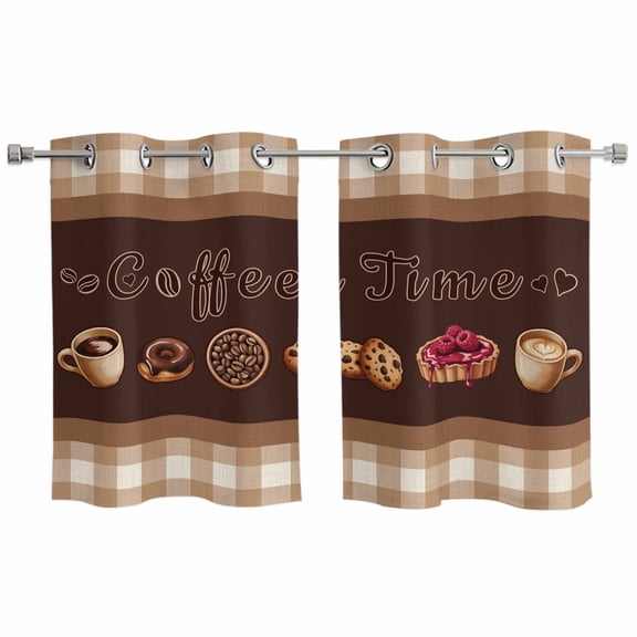 2 Panels Kitchen Tier Curtains 39 Inch Length, Vintage Coffee Time Grommets Window Treatment Curtain, Farmhouse Desserts Brwon White Plaid Thermal Curtains Drapes for Living Room/Bathroom