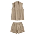 thumbnail image 6 of Mifsaly Linen Short Sets for Women Sleeveless V Neck Lapel Tops and Elastic Waist Shorts Casual Summer Vacation Beach Loungewear with Pockets Khaki,XL, 6 of 7