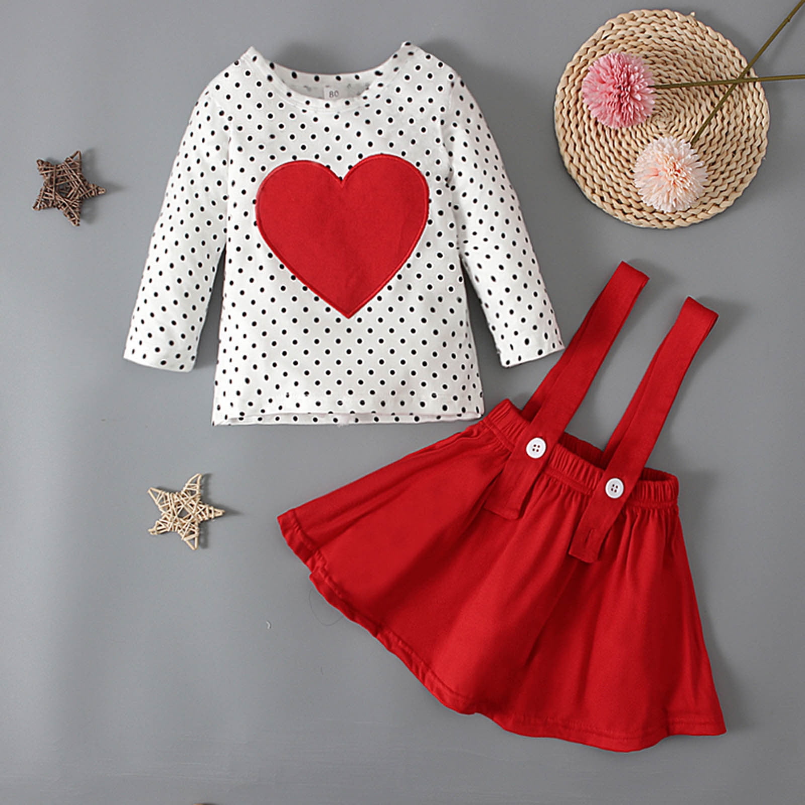 2-piece Baby/Toddler Girl Solid Ruffled Top and Bow Polka Dots Strap Skirt