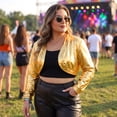 thumbnail image 2 of Agnes Orinda Women's Plus Size Sparkly Metallic Shrug Long Sleeve Open Front Party Cropped Bolero Jackets 4X Gold, 2 of 8