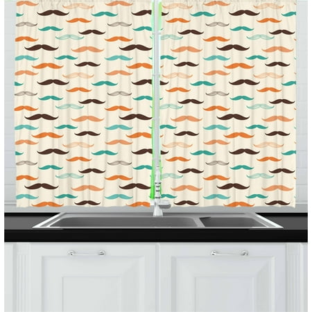Teal Brown Room Indie Curtains 2 Panels Set, Retro Mustache Pattern in Different Colors Stylized Curly Shapes Old Fashioned, Window Drapes for Living Room Bedroom, 55W X 39L Inches, Teal Orange Brown, by Ambesonne ()