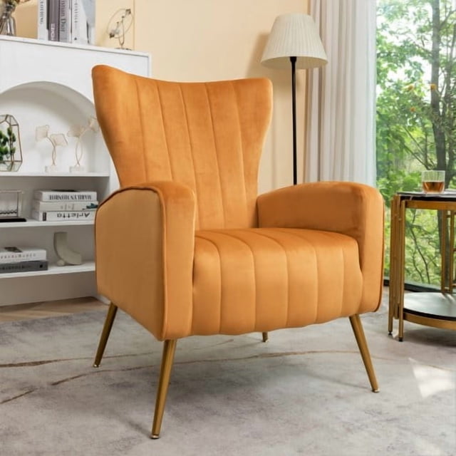 Silla de acento de terciopelo con patas de metal, sillón tapizado moderno, silla lateral de espalda para salón dormitorio pequeños espacios