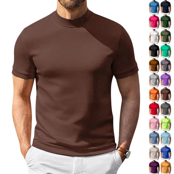 LTTVQM Men's Short Sleeve Shirts Mock Neck Casual Tops Stylish Slim Fit Pullover Solid Basic Tee Mens T-Shirts Brown XL