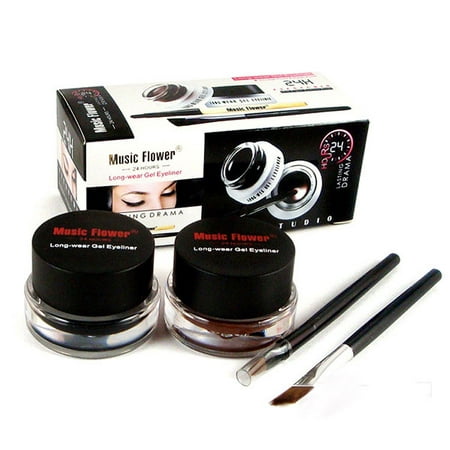 2 in 1 Black and Brown Gel Eyeliner Set Water Proof Smudge Proof, Last for All Day Long, Work Great with Eyebrow, 2 Pieces Eye Makeup Brushes (Best Makeup Brush For Gel Eyeliner)