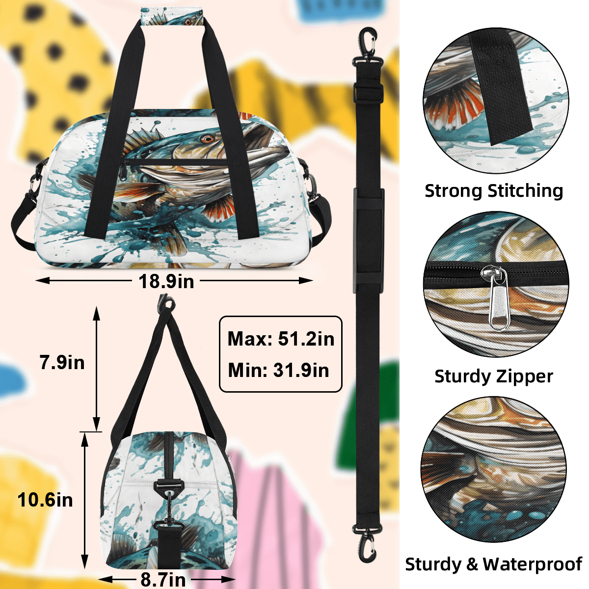Herdesigns Funny Fish Sports Duffle Bag for Women & Men, Bass Fish Gym Bag Dance Bag Overnight Bag Carry On Weekender Travel Bag