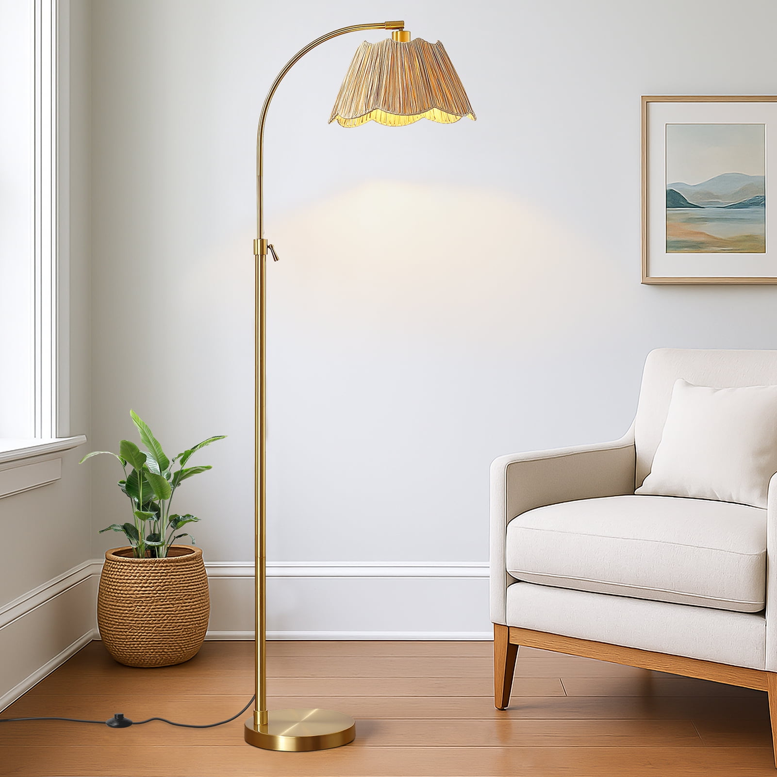 RORIA 64” Curved Floor Lamp, Height Adjustable gold Standing Lamp,with a woven paper shade, perfect for bedrooms, living rooms, and offices (bulb included)
