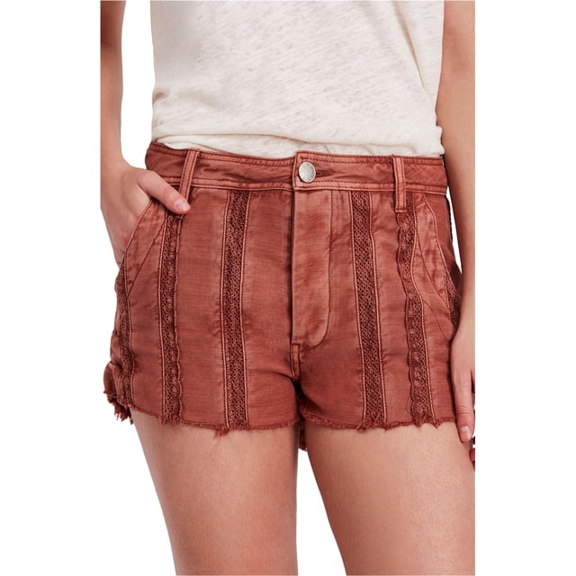 Free People Shorts de mezclilla informales con ribete de encaje para mujer, naranja, 2