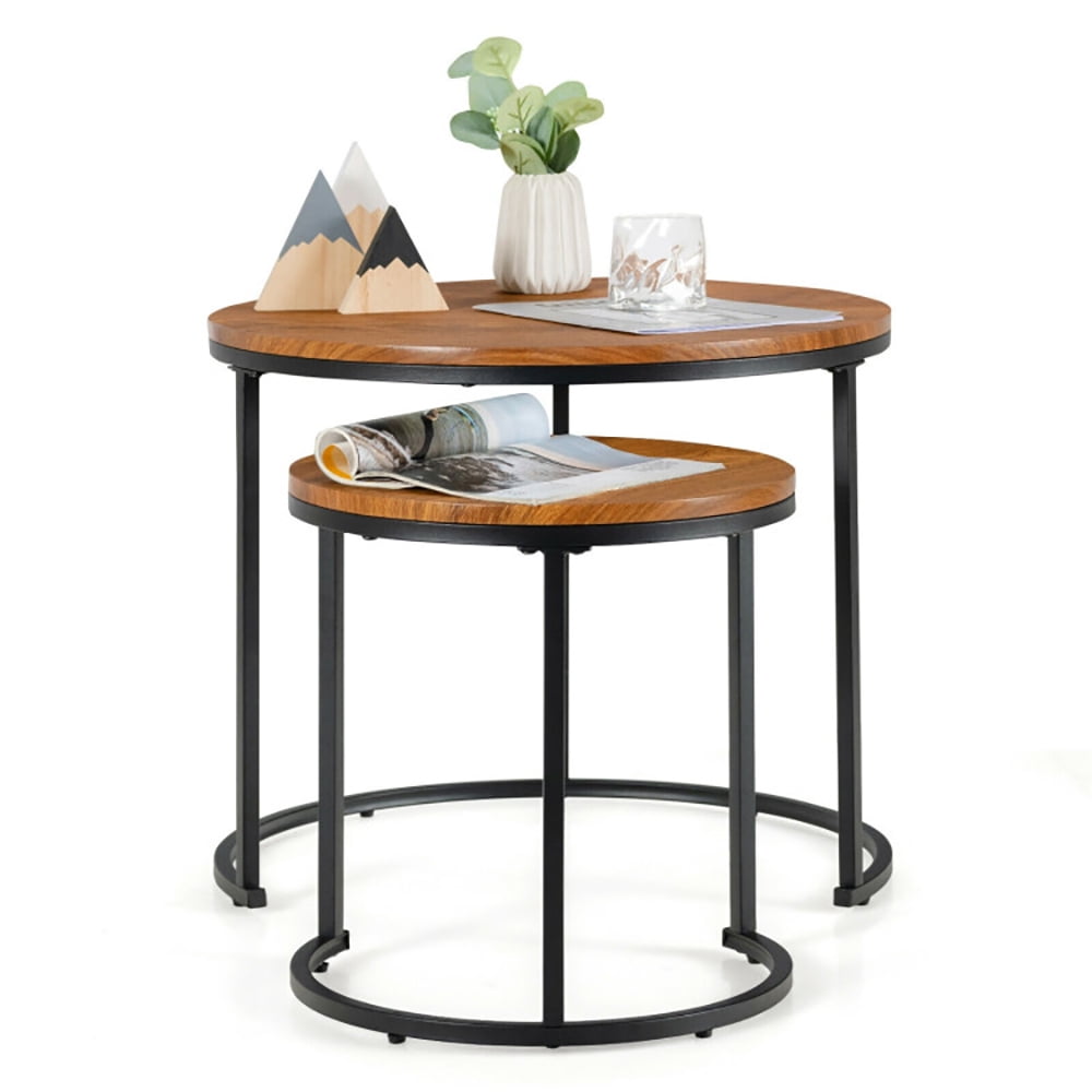 Finihen Round Nesting Coffee Table, Modern Nesting Side Set, Set of 2 Modern Round Stacking Nesting Coffee Tables, for Living Room, Reception Room, Light Brown Finihen Round Nesting Coffee Table, Modern Nesting Side Set, Set of 2 Modern Round Stacking Nesting Coffee Tables, for Living Room, Reception Room, Light Brown