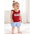thumbnail image 6 of BemeyourBBs Toddler Baby Girl 4th of July Outfit Patriot Fourth of July Summer Independence Day Clothes American Flag Heart Embroidered Backless Flying Sleeve T shirt Tops Plaid Ruffle Shorts Set, 6 of 9