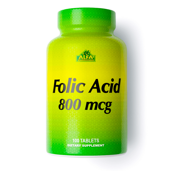 Alfa Vitamins Folic Acid 800 mcg tablets  - Nervous system function support - 100 count