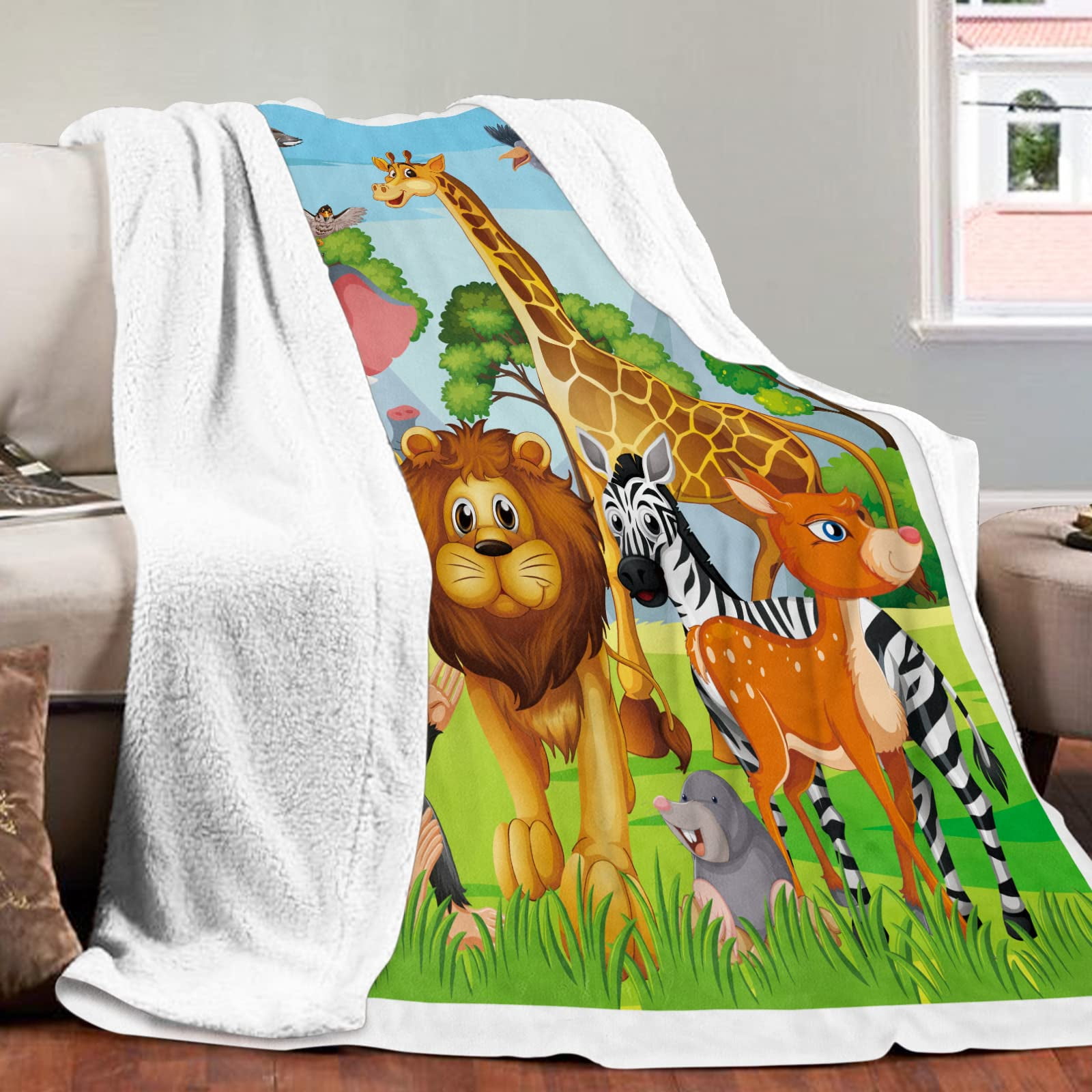 Jungle Animal Throw Blanket, Cozy Flannel Animal Blanket for Kids, Soft Jungle Fleece Blanket with Giraffe Elephant Lion Print, Fuzzy Safari Zoo Blankets for Toddler Child Girl Boy Gift,(30"x40")
