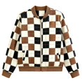 thumbnail image 3 of Zijinkuiwen Women Checkered Print Bomber Jacket Zip Up Long Sleeve Ribbed Trim Outerwear for Casual Daily Wear, 3 of 6