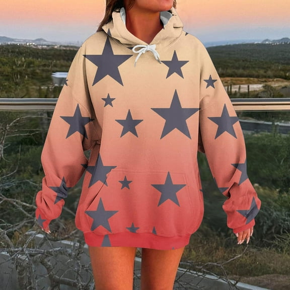 Women Sweatshirt Long Sleeve Hooded Gradient Star Printed Casual Blouse Sweatshirts Beige S,Blouse for Women
