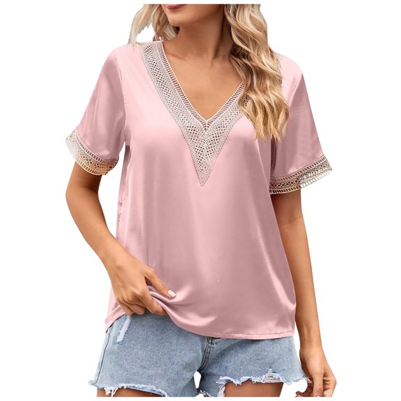 TIHLMK Shirts for Women Pink Fashion Women's Summer V-Neck Lace Patchwork Short Sleeve Top Blouse Gift for Womens Tops