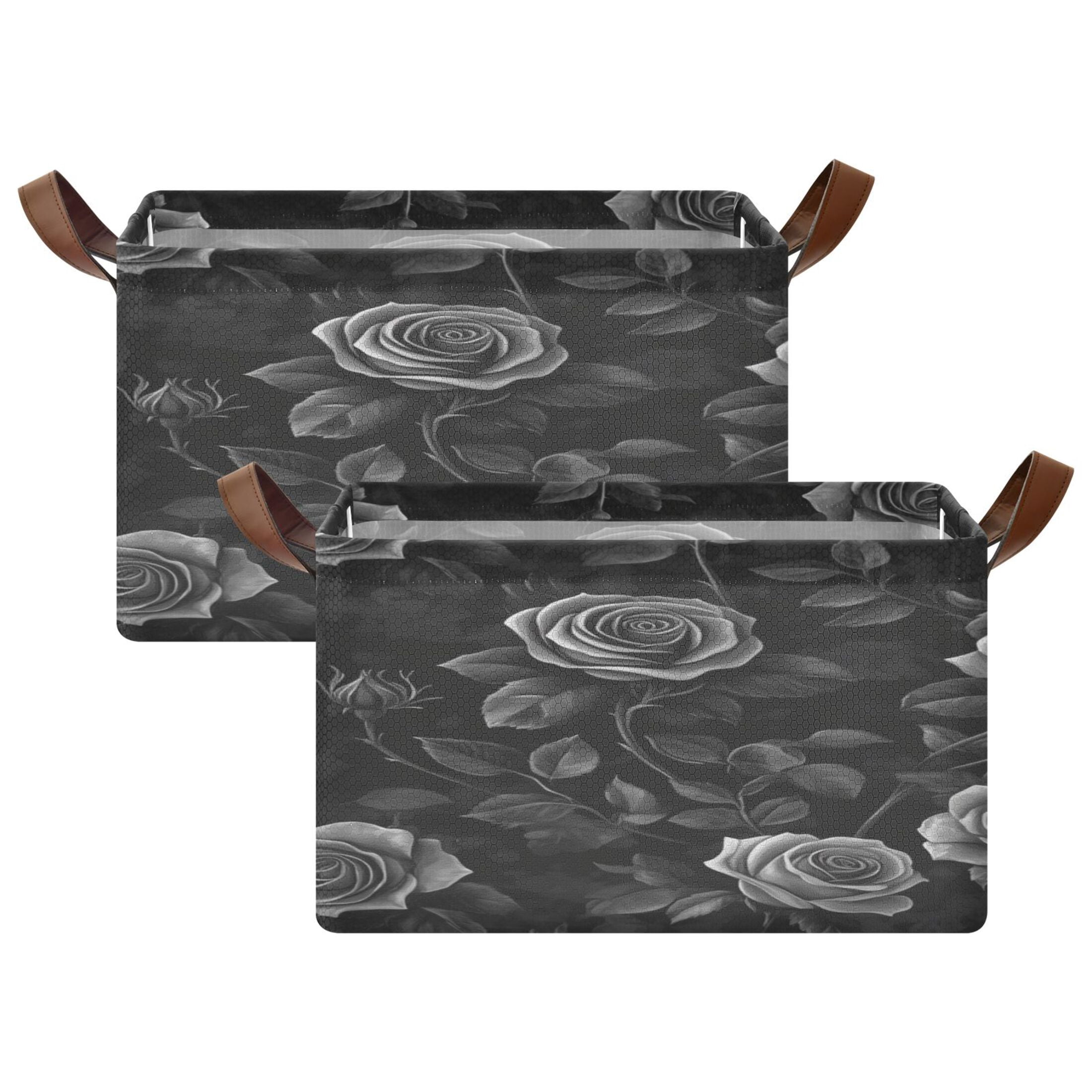 Black Rose Storage Basket Soccer Plaid Fabric Hoard Box Oversized Collapsible Closet Organizer with Metal Iron Frame 16.9×11.4×10in
