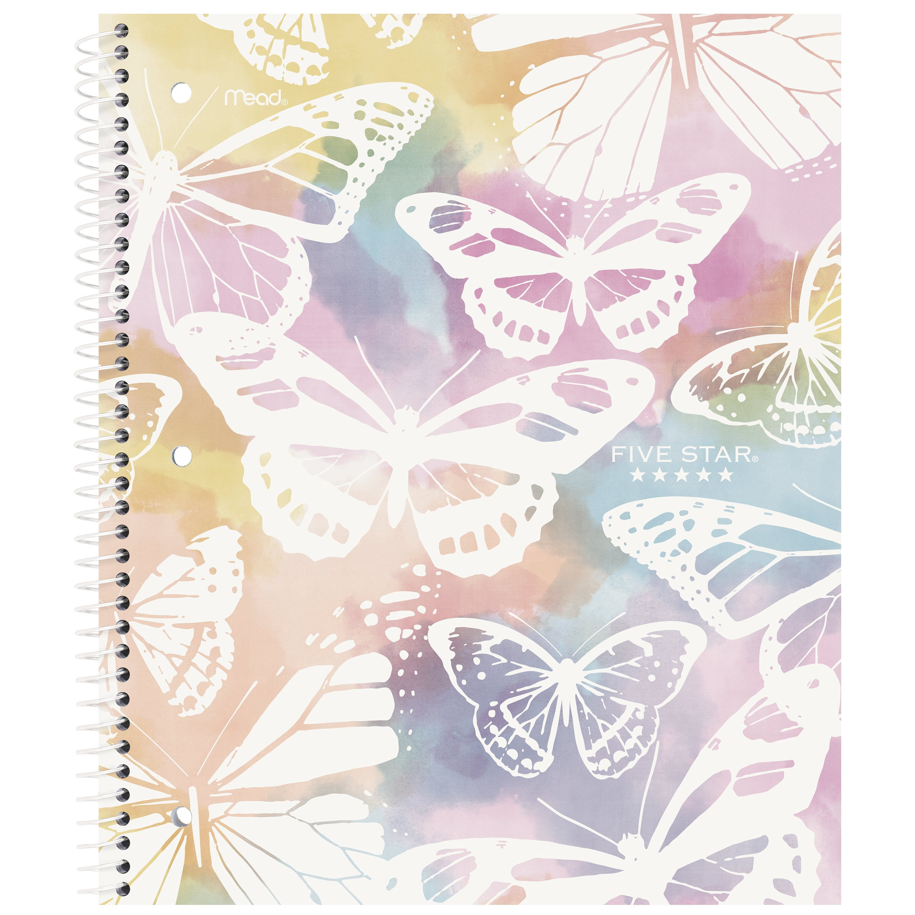 Five Star 1 Subject Wide Ruled Notebook Plus Study App, 8" x 10.5", Pastel Butterfly, Poly, Spiral, 80 Sheets