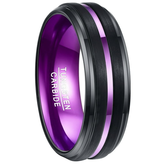 8mm Black Tungsten Rings for Men Women Purple Groove Stepped Beveled Edges Comfort Fit Wedding Bands Size 4-16