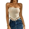 thumbnail image 1 of VISgogo Tops de tubo sin tirantes para mujer, tops cortos sin mangas de verano con dobladillo con flecos de jacquard de ganchillo de color sólido VISgogo  moda, 1 of 4