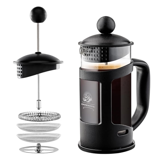 OVENTE 12 oz French Press Coffee Maker, 4-Level Stainless Steel Filter, Borosilicate Glass, Dishwasher Safe, Hot & Cold Brew, Portable for Travel & Camping, Black FPT12B