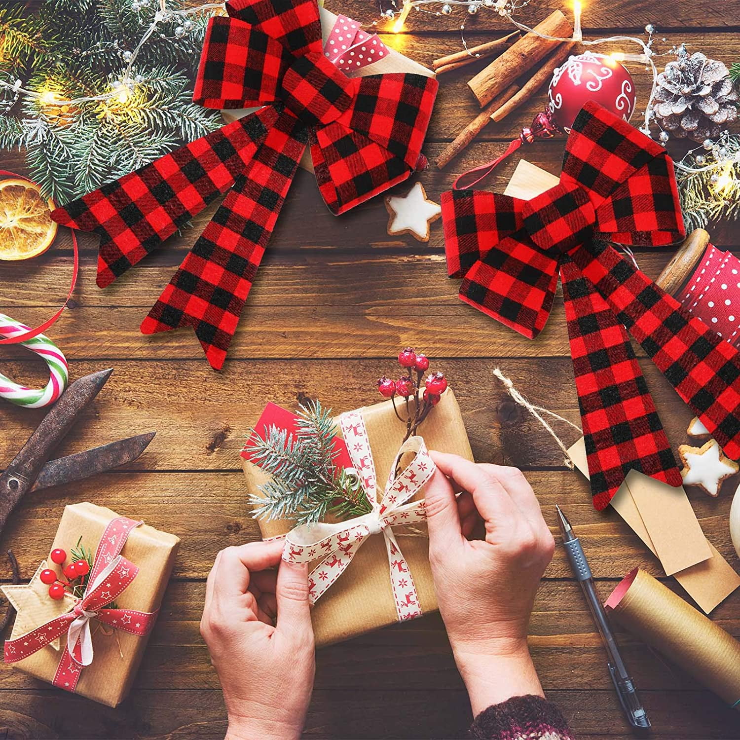 6 Pieces Large Christmas Wreath Bow Buffalo Plaid Christmas Bow PVC Plastic Xmas Plaid Check Wrapping Bow for Christmas Indoor Outdoor Decorations - Red and Black