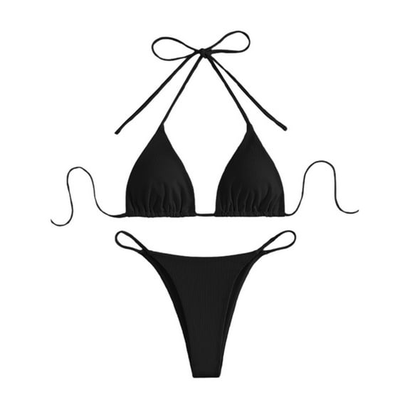 Bainana 2 Pieces Swimwear For Women Solid Color Halter Bikini Top And Thong Bottom Beach Outfit Pool Party Ladies Slim Fit Summer Hawaii Swim Wear Black Size L