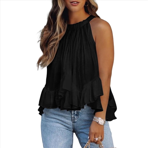 Blusa de Verano para Mujer, con Cuello Halter, Sin Mangas, Fruncida e Irregular, con Volantes Negro XL
