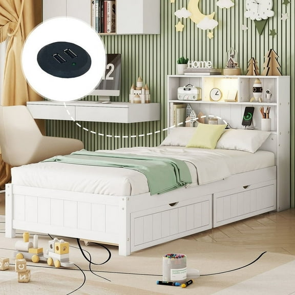 Twin Bed Frame with Storage & Charging Station, Solid Wood Platform Bed with Bookcase Headboard, LED Lights & 2 Drawers (White)