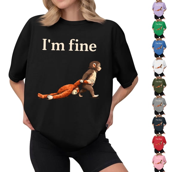 Youpwaven Women's Punch the Monkey Graphic T-Shirt, I'm Fine Slogan Funny Animal Illustration Top, Casual Short Sleeve Crew Neck Shirt, Soft Breathable Streetwear Tee