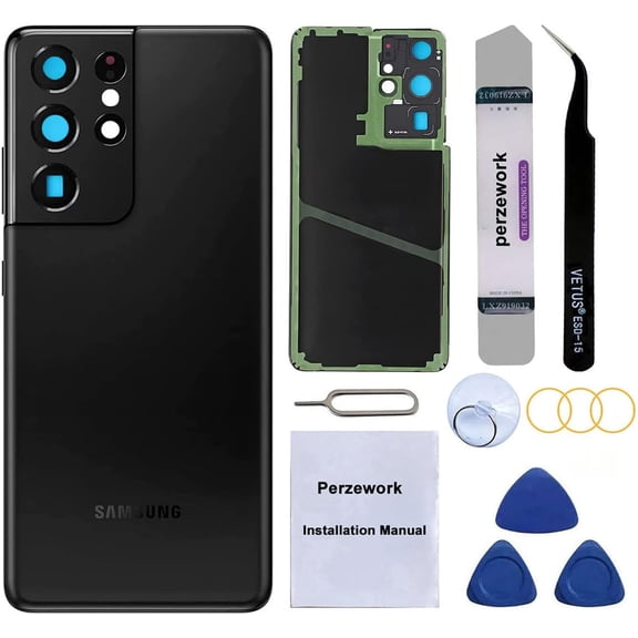 Rear Back Glass Replacement for Samsung Galaxy S21 Ultra 5G with Pre-Installed Adhesive and Repair Tool Kits (Phantom Black)