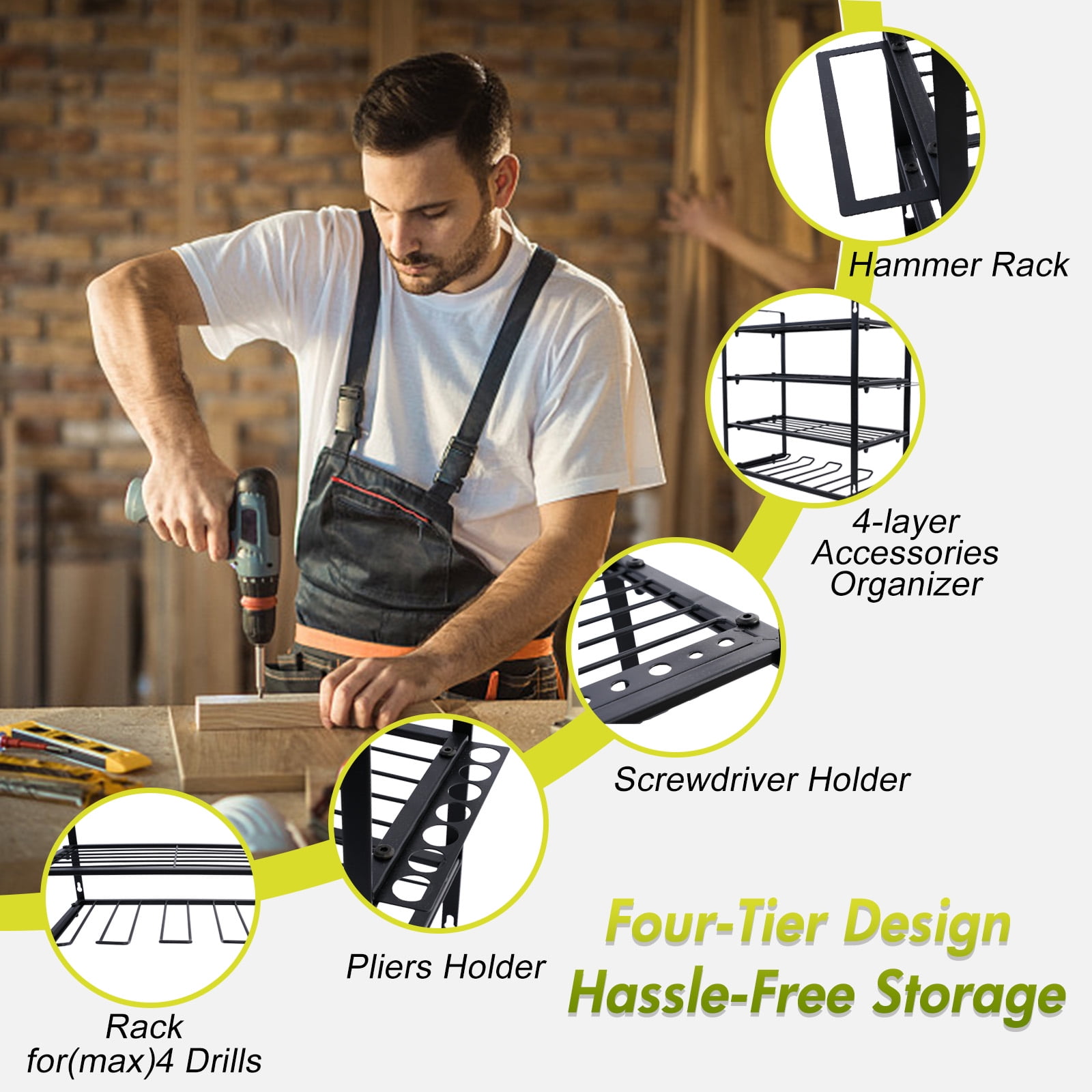 4 Layers Power Tool Organizer, Heavy Duty Metal Tool Storage Rack, Drill Holder Wall Mount, Battery Tools Holder Shelf, Utility Tool Shelves for Workshop or Garage, Black
