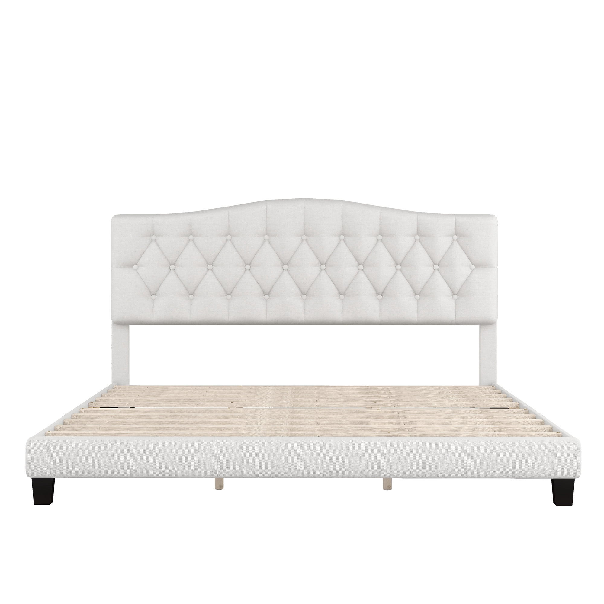 MAYEERTY King Upholstered Platform Bed Saddle Curved Headboard Diamond Tufted for Bedroom Beige