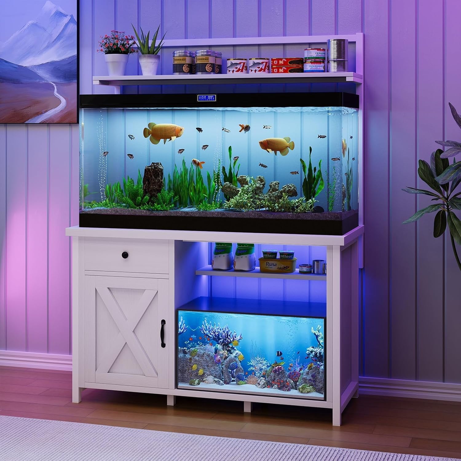 Catrimown Fish Tank Stand with Power Outlet and Led Light, Cabinet for 55-75 Gallon Aquarium, RGB Lighting Strip Ideal for Turtle Enclosure, Supports up to 1100 Pounds, White
