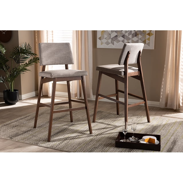 Baxton Studio Colton Mid-Century Modern Light Gray Fabric Upholstered and Walnut-Finished Wood Bar Stool