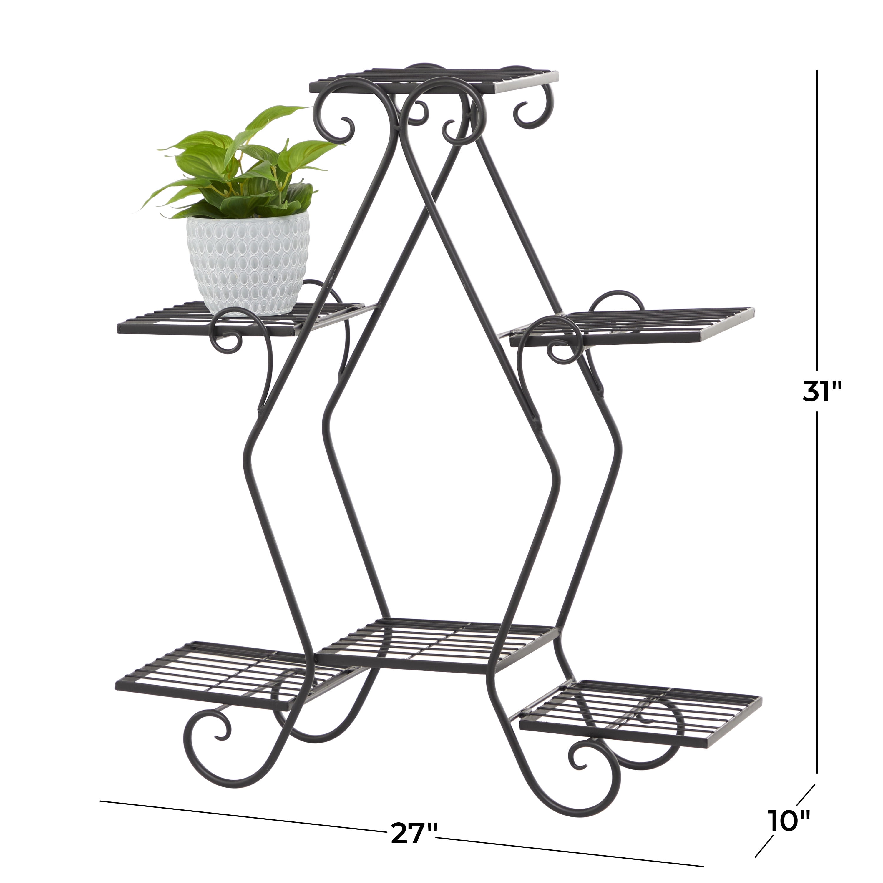 DecMode 27" x 10" x 31" 7 Tier Black Metal Scroll Plantstand