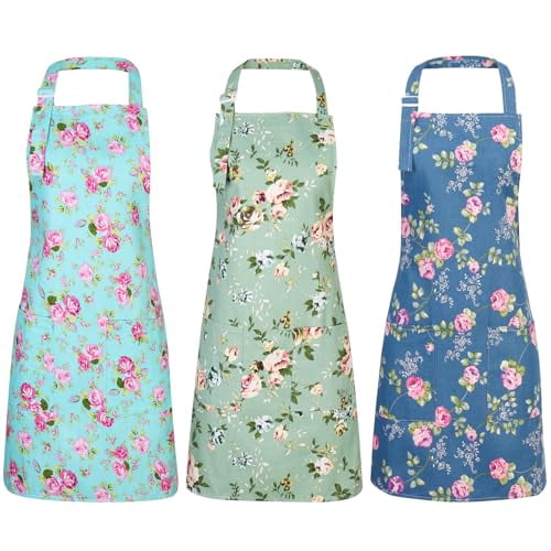 3 Pack Floral Aprons for Women,Adjustable Kitchen Aprons with 2 Pockets Vintage Cute Rose Floral Apron Chef Bakers Apron for Cooking Baking Gardening Apron Gift for Mom Wife Sister Grandma