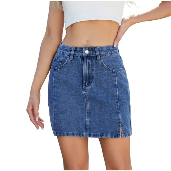 Staron Denim Mini Skirts for Women Side Slit Casual Jean Skirt Stretch High Waisted Skirts Blue XL