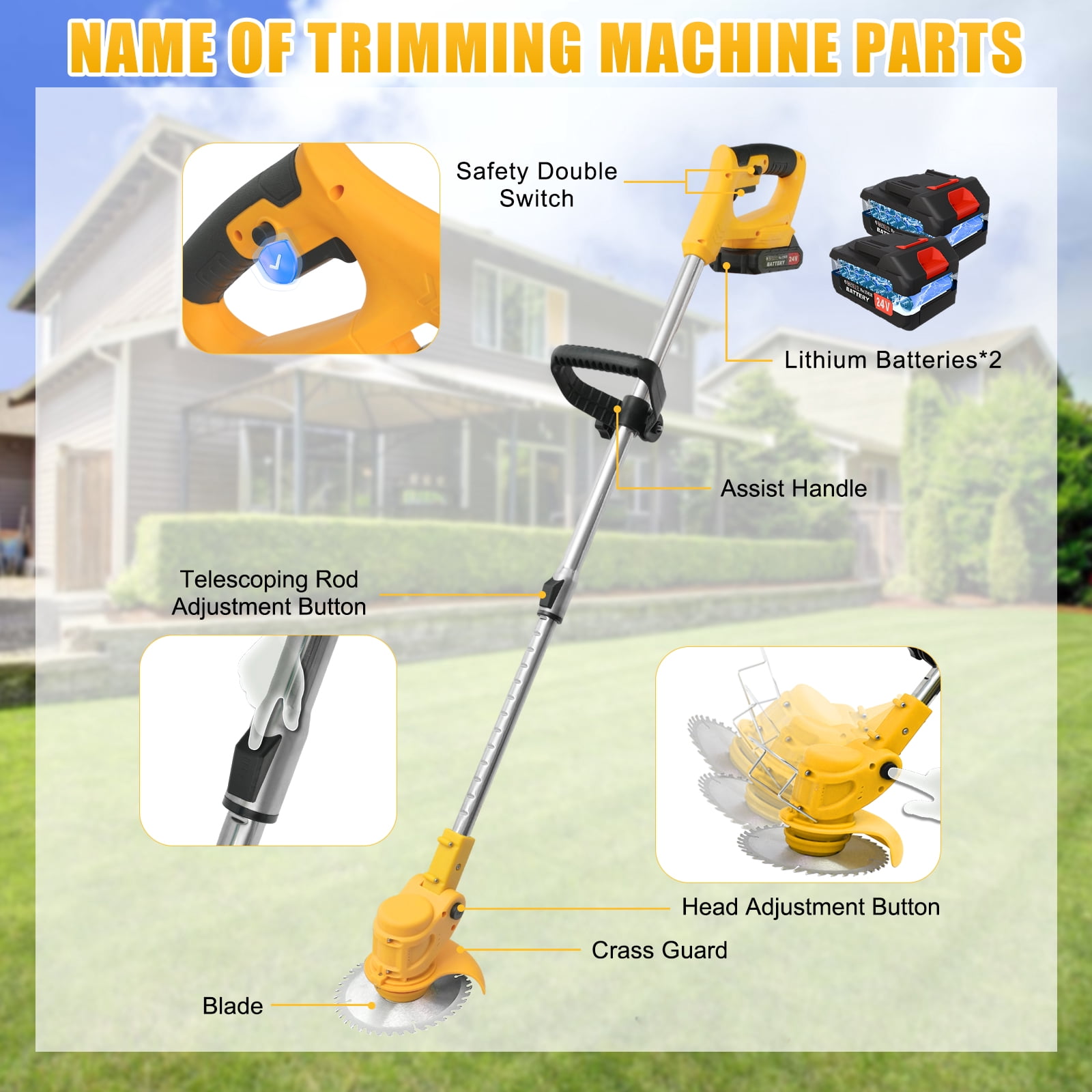 Also go 24V 3-in-1 Cordless Weed Wacker,11,000RPM, Electric String Trimmer with 2*2.0Ah Batteries,Adjustable Cutting Angle & Height for Lawn,Yellow