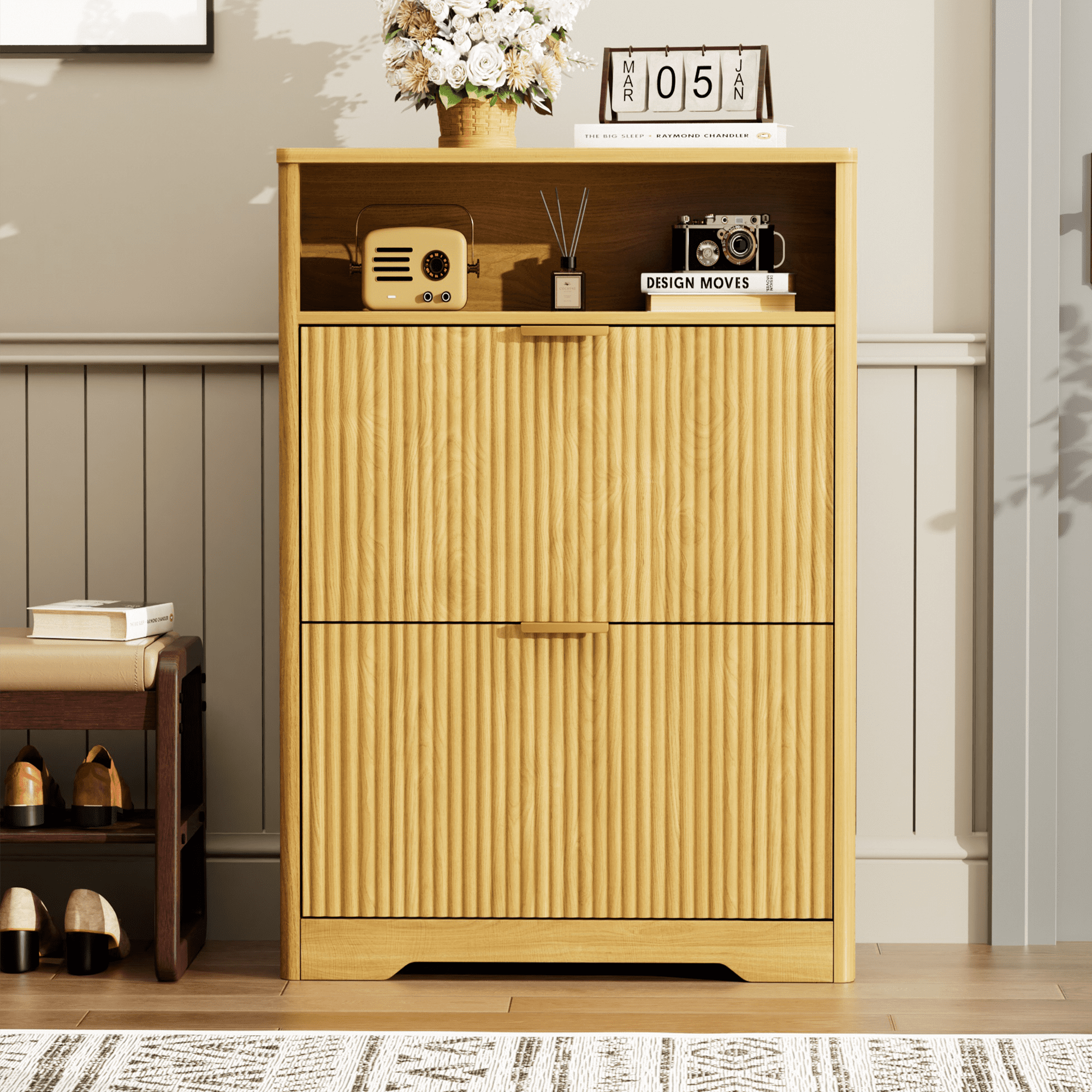 Jopath Shoe Cabinet,Entryway Hidden Shoes Storage Cabinet with 2 Flip Drawers,Tall Free Standing Shoe Organizer Rack for Foyer,Hallway Natural