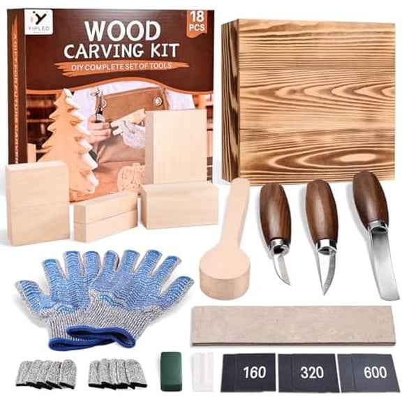 Wood Carving Kit for Beginners, Wood Carving Tools with 3Pcs Whittling Knife 7Pcs Basswood Carving Blocks, Grade 5 Anti Cutting Gloves, Leather Strop, Polishing Compound, Entry-Level Carving Gift Set