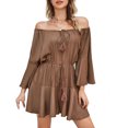 thumbnail image 1 of Mono acampanado con hombros descubiertos, color marrón, para mujer, con escote ajustable y cintura con lazo, para fiestas y citas, talla M, 1 of 6