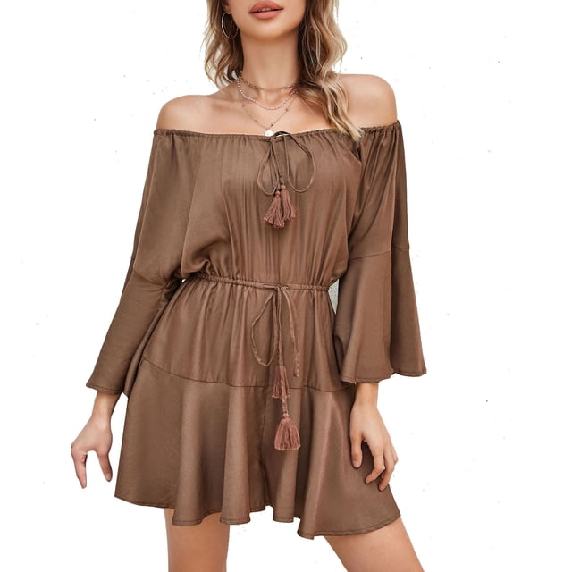 Mono acampanado con hombros descubiertos, color marrón, para mujer, con escote ajustable y cintura con lazo, para fiestas y citas, talla M