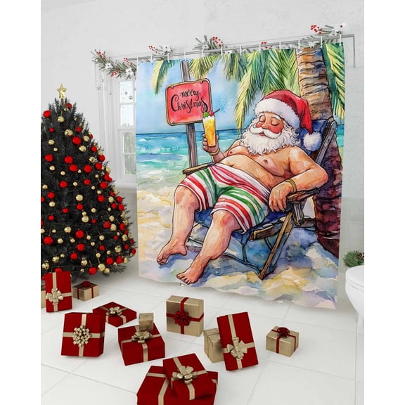 Coastal Christmas Shower Curtain, Santa Beach Nautical Seaside Waterproof Washable Boho Funny Cute Shower Curtains Set for Bathroom Farmhouse Bathtubs Decor with Hook, 48"Wx72"L