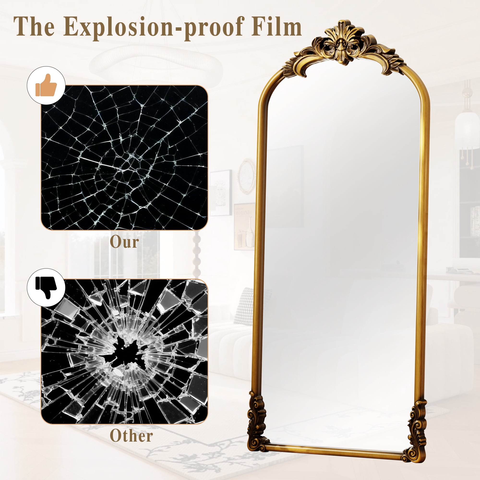 Easy4Home 69"x28" Arched Full-Length Floor Mirror Smooth Arch Top Floral Crest Standing Mirror, Bright Gold