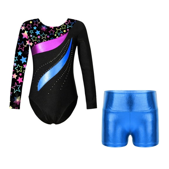 TiaoBug Girls 2 Piece Gymnastics Leotards Unitard Outfits Kids Workout Gym Training Bodysuit with Shorts 4